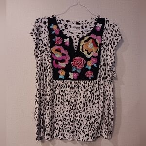 Savanna Jane Embroidered Boho Dress 3X Floral Leopard Cottagecore Bohemian